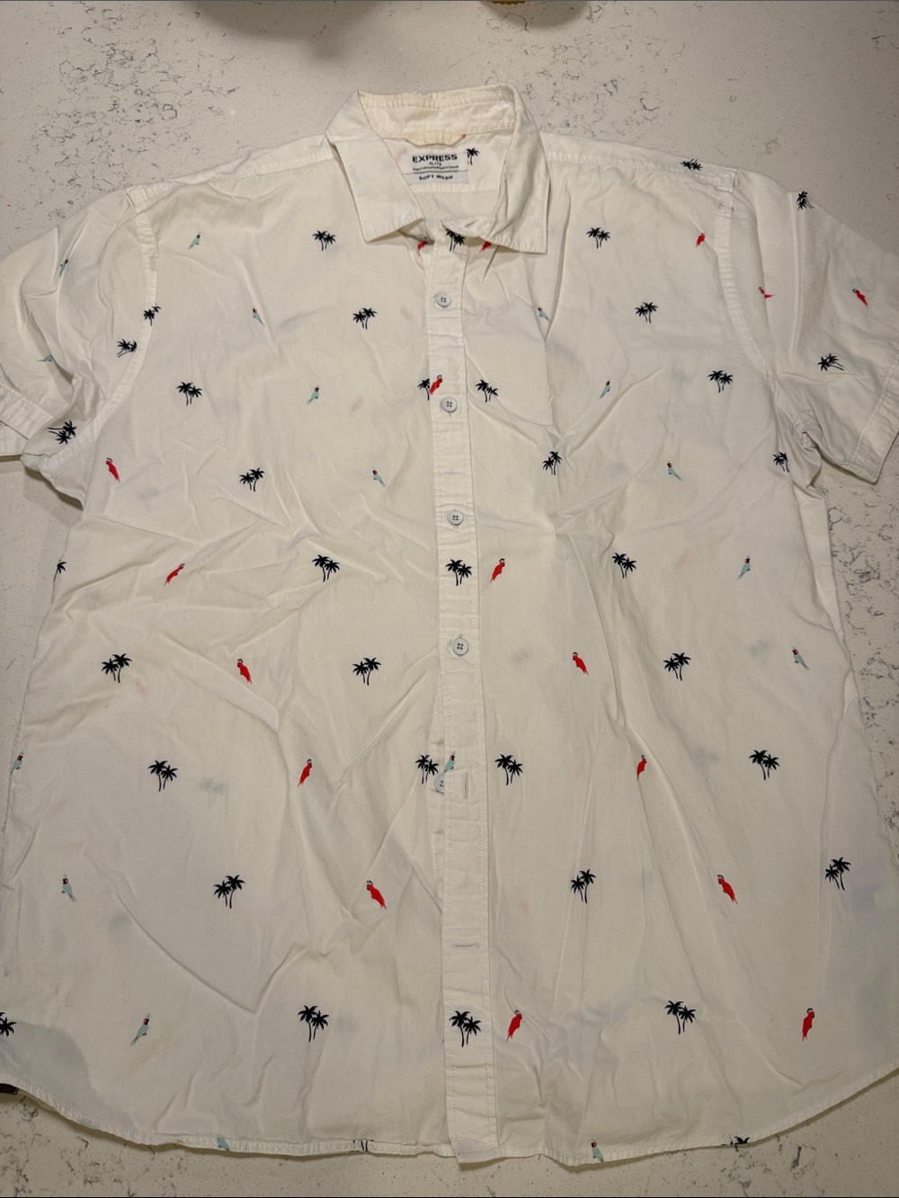 Express Cream Short-Sleeve Button-Up Shirt with Palm & Parrot tropical design